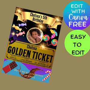 Peut inclure: Une invitation d'anniversaire dorée et violette avec une photo d'une jeune fille. L'invitation indique "Chelsea's 5th Birthday" et "Golden Ticket". Le texte sur le billet indique "Date : Apr. 20, Time : 1 p.m. (Sharp), Place : 123 Anywhere St."