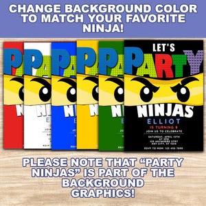 May include: A printable invitation for a birthday party with a Lego Ninjago theme. The invitation features a Lego Ninjago character's face with the text "Let's Party Ninjas" and the name "Elliot" with the age "8". The invitation has a customizable background colour option with six different colour choices: red, white, blue, yellow, green, and black.