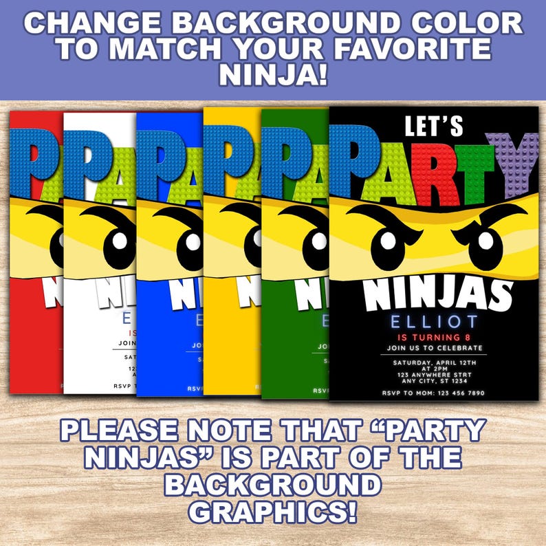 May include: A printable invitation for a birthday party with a Lego Ninjago theme. The invitation features a Lego Ninjago character's face with the text "Let's Party Ninjas" and the name "Elliot" with the age "8". The invitation has a customizable background colour option with six different colour choices: red, white, blue, yellow, green, and black.
