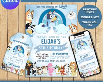 Bluey Editable Birthday Invitation, Digital Birthday Party Invitation, Digital Party Invite Blue Dog, Boys Girls Instant Download, Canva