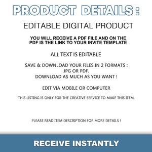 May include: Text overlay on a blue background with the words "PRODUCT DETAILS:" in white, followed by "EDITABLE DIGITAL PRODUCT".  The text continues with instructions on how to download and edit the product, which is an invitation template.