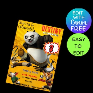 Invito di compleanno di Kungfu Panda, invito modificabile stampabile, invito per la festa di Panda Po, invito di Kungfu Panda, festa di Kungfu, modello digitale