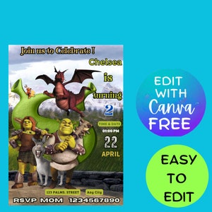 Editable Shrek birthday invitation, Princess Fiona eVite , Shrek party, Shrek WhatsApp party invite, Most Loved, Best Seller, Popular Now,