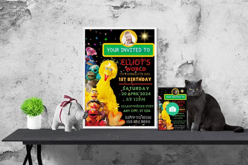 May include: A Sesame Street themed birthday invitation with a photo of a child in the top right corner. The invitation is for a 1st birthday party and features Big Bird, Elmo, Cookie Monster, and other Sesame Street characters. The text on the invitation reads "Your Invited To Elliot's World To Celebrate Her 1st Birthday Saturday 20 April 2024 At 12PM 123 Anywhere St. Any City, ST 1234 RSVP To Mom 123-654 7090".