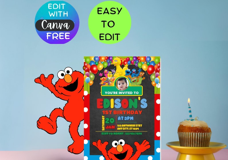 May include: A Sesame Street themed birthday invitation with a photo of a child in the center. The invitation is decorated with colorful balloons, Sesame Street characters, and a chalkboard background. The text on the invitation reads "You're invited to Edison's 1st Birthday, Saturday, January 20 at 3pm, 123 Anywhere St, Any City, ST 1234, RSVP to Mommy 1234567890".