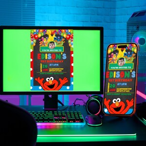 May include: A digital invitation for a 1st birthday party with a Sesame Street theme. The invitation features Elmo, Big Bird, and other Sesame Street characters. The invitation is for a party for Edison, and it says "You're invited to Edison's 1st Birthday at 3PM".