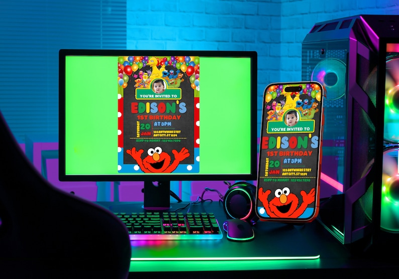 May include: A digital invitation for a 1st birthday party with a Sesame Street theme. The invitation features Elmo, Big Bird, and other Sesame Street characters. The invitation is for a party for Edison, and it says "You're invited to Edison's 1st Birthday at 3PM".