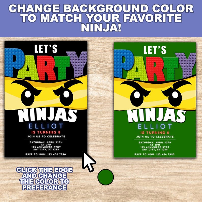 May include: A printable invitation for a child's birthday party. The invitation features a Lego-style ninja character with the text "Let's Party Ninjas" and the child's name "Elliot" is turning 8. The invitation has a black background with colourful Lego bricks. The text on the invitation includes the date, time, and RSVP information.