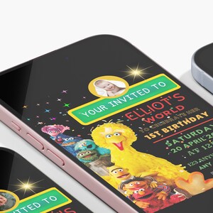 May include: A Sesame Street themed birthday invitation with a photo of a baby and the text "Your Invited to Elliot's World to Celebrate Her 1st Birthday Saturday 20 April 2024 at 12pm 123 Anywhere Strt Any City, St 1234 RSVP to Mom 123 456 7890"