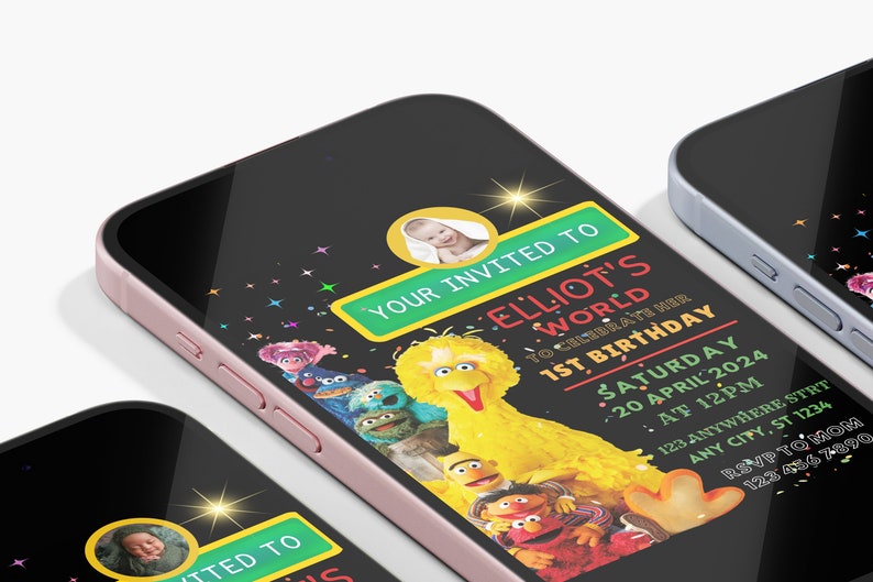 May include: A Sesame Street themed birthday invitation with a photo of a baby and the text "Your Invited to Elliot's World to Celebrate Her 1st Birthday Saturday 20 April 2024 at 12pm 123 Anywhere Strt Any City, St 1234 RSVP to Mom 123 456 7890"