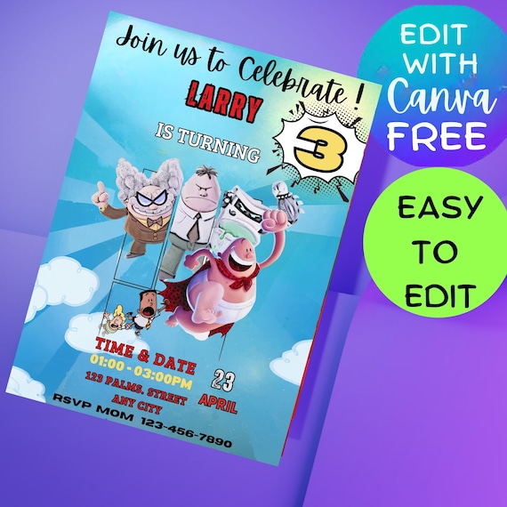Editable Captain Underpants Party Invitation, Captain Underpants Party Evite, Best Seller, Most Loved, Popular Now, Benny Krupp Invitation