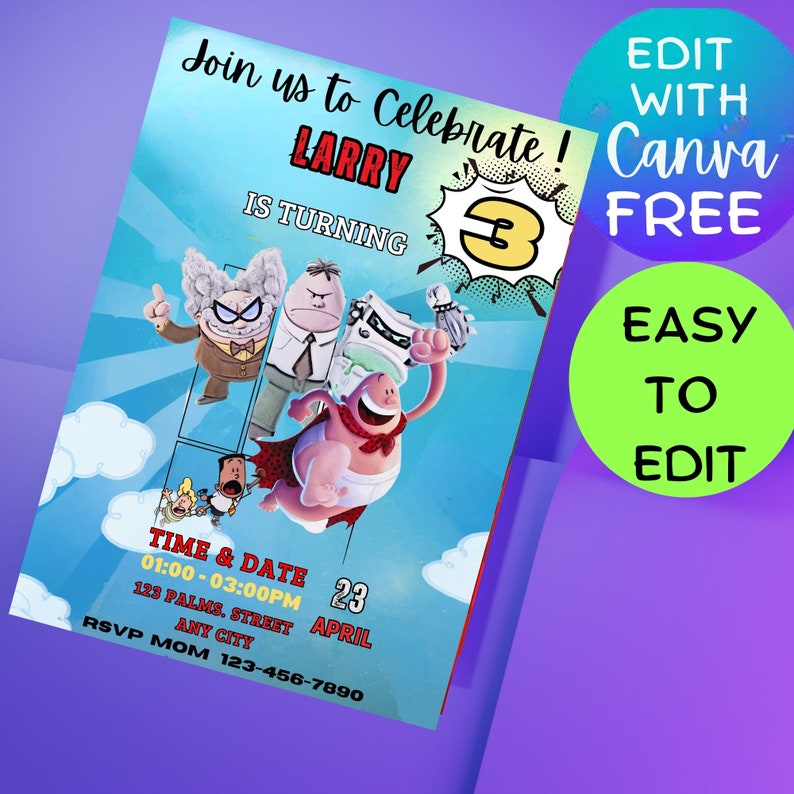 May include: A colorful birthday invitation featuring characters from the animated series "The Amazing World of Gumball". The invitation is for a boy named Larry turning three years old. The invitation includes the date, time, and RSVP information.