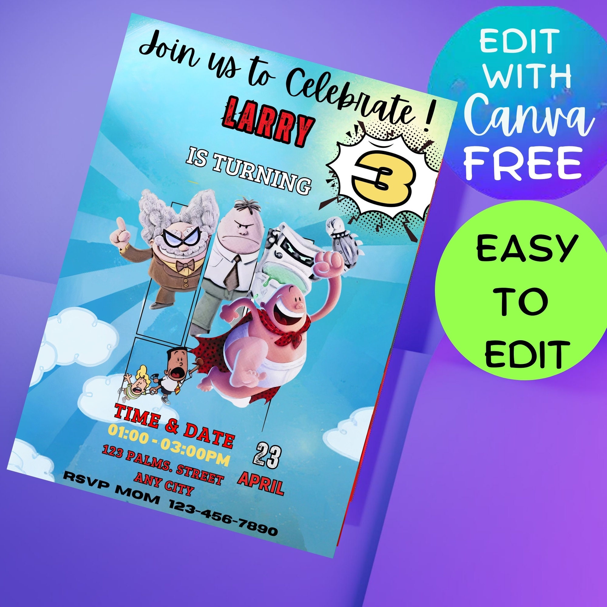 Editable Captain Underpants Birthday Invitation Kids Birthday ...