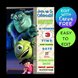Monster Inc birthday Invitation| Birthday Invite| printable Monsters University template| Editable monster Inc Evite| Print | WhatsApp