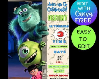 Monster Inc birthday Invitation| Birthday Invite| printable Monsters University template| Editable monster Inc Evite| Print | WhatsApp