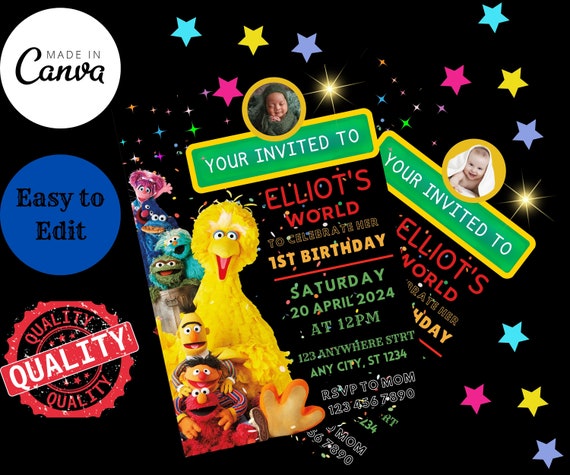 Editable Sesame Street Birthday Invitation, Birthday Invitations, Personalize Editable; Printable; Kids invitation, Evite Instant Download