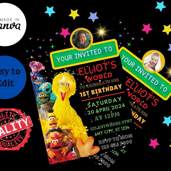 Editable Sesame Street Birthday Invitation, Birthday Invitations, Personalize Editable; Printable; Kids invitation, Evite Instant Download