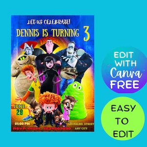 May include: A colorful invitation for a 3rd birthday party featuring characters from the animated movie "Hotel Transylvania". The invitation has a purple background with the text "LET US CELEBRATE! DENNIS IS TURNING 3" in white. The characters include Dracula, Mavis, Frankenstein, and the Mummy. The invitation also includes the date, time, and RSVP information.