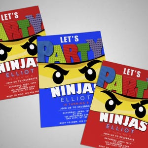 May include: Three colourful party invitations with a Lego-style ninja theme. The invitations feature a yellow ninja mask with black eyes and a red, blue, and yellow Lego-style "Let's Party" banner. The text on the invitations reads "Let's Party Ninja Elliot is turning 8. Join us to celebrate Saturday, April 12th at 2pm 123 Anywhere Street Any City, ST 1234 RSVP to Mom: 123 456 789".