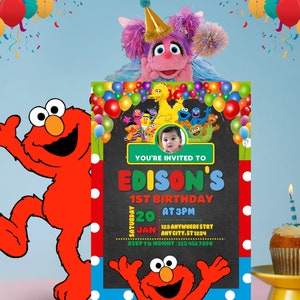 May include: A Sesame Street themed birthday invitation with a photo of a baby boy. The invitation is decorated with colorful balloons, Sesame Street characters, and a chalkboard background. The text on the invitation reads "You're invited to Edison's 1st Birthday, Saturday, January 20 at 3pm, 123 Anywhere Street, Any City, ST 1234, RSVP to Mommy: 123 456 7890".