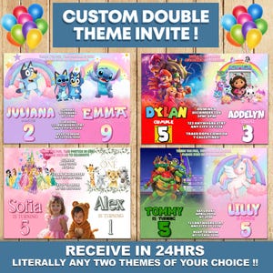 Invitación de cumpleaños de hermanos, invitación de cumpleaños doble, invitación de gemelos combinados duales, invitación doble de niño y niña, invitación de tema personalizado