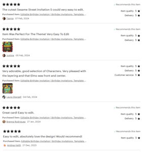 May include: Five customer reviews for an Etsy shop selling printable birthday invitations. Each review includes a five-star rating for item quality, delivery, and customer service. The reviews are positive and highlight the ease of editing and the adorable designs.