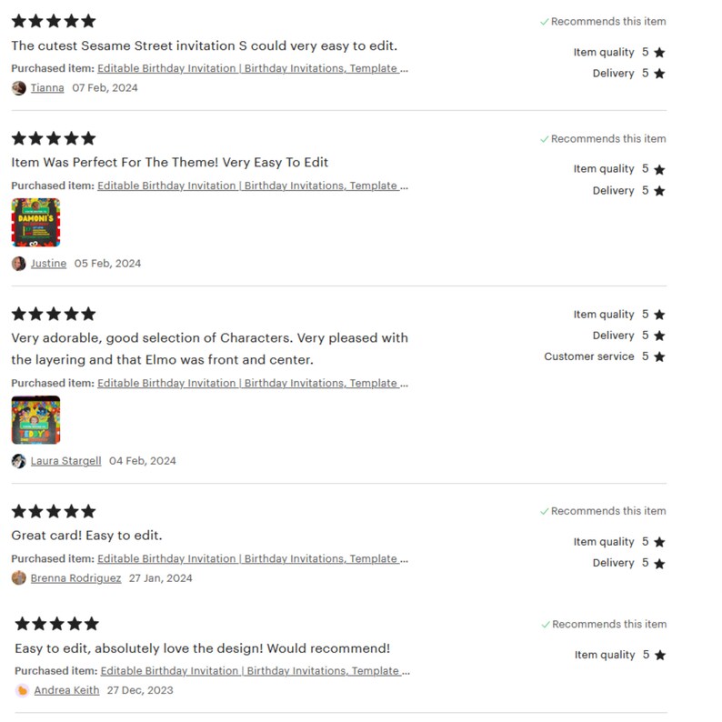 May include: Five customer reviews for an Etsy shop selling printable birthday invitations. Each review includes a five-star rating for item quality, delivery, and customer service. The reviews are positive and highlight the ease of editing and the adorable designs.