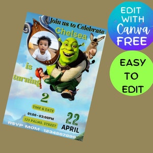 Op de afbeelding: Een groene ogre en een ezel die een baby vasthouden in een blauwe lucht. De tekst luidt "Join us to Celebrate Chelsea is turning 2. Time & Date 01:00-03:00PM 123 Palms. Street 22 April RSVP Mom 1234567890".