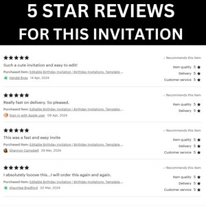 May include: Five-star reviews for an editable birthday invitation template. The reviews highlight the ease of editing, fast delivery, and overall positive experience with the product.