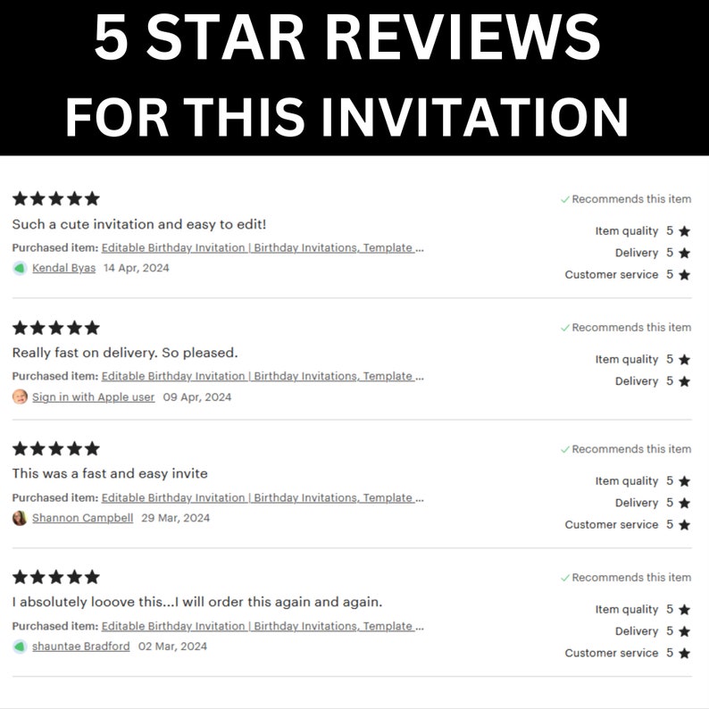 May include: Five-star reviews for an editable birthday invitation template. The reviews highlight the ease of editing, fast delivery, and overall positive experience with the product.
