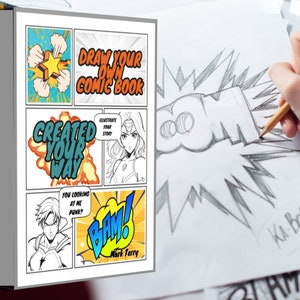 Op de afbeelding: Een comicboekomslag met een gele achtergrond en de tekst "Draw Your Own Comic Book" in zwart. De omslag bevat ook een comicboekpaneel met een superheldenpersonage en de tekst "Created Your Way".