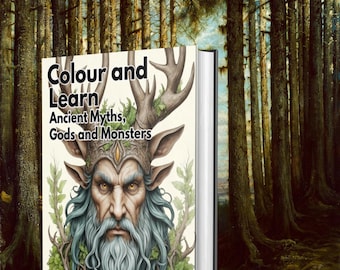 Puede incluir: Un libro titulado "Colour and Learn Ancient Myths, Gods and Monsters" con una ilustración de una figura barbuda con cuernos y una corona. El libro está ambientado en un bosque con árboles altos.