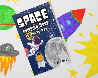 Puede incluir: Un libro azul con el título "SPACE Coloring Book For Kids Age 4 to 8" y una ilustración de un astronauta y un gato astronauta en la portada. El libro es de Mark Terry.