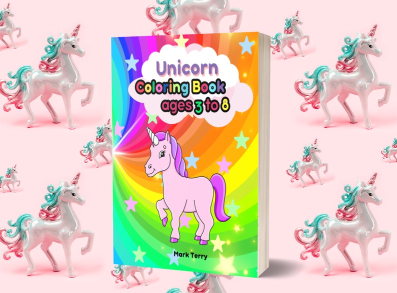 Puede incluir: Un libro para colorear de unicornios para ni&ntilde;os de 3 a 8 a&ntilde;os, con una ilustraci&oacute;n de un unicornio rosa sobre un fondo de arco&iacute;ris. El libro est&aacute; rodeado de figuras de unicornios blancos con crines azules y rosas, sobre un fondo rosa.