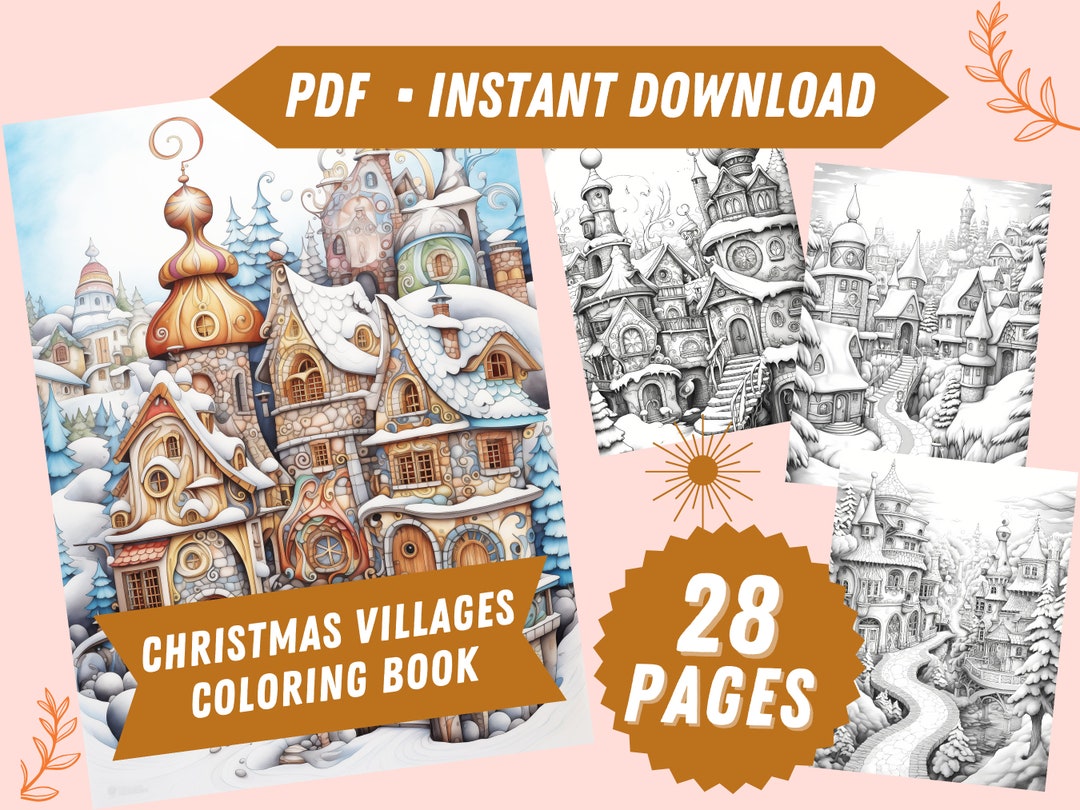 Christmas Villages Coloring Book Christmas Coloring Pages for Adults Grayscale Coloring Book for ...