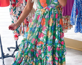 Green Floral Print Sleeveless Ruffle Tiered Maxi Dress