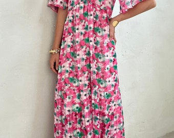 Rosa Weite Ärmel Blumen Print Maxi Kleid