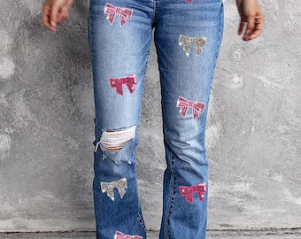 Blue Sequin Bowknot Print Distressed Flared Jeans