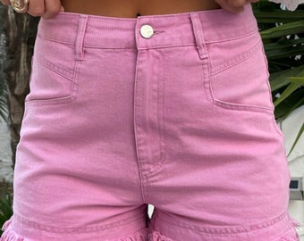 Pink Frayed Edge Mid Rise Denim Shorts