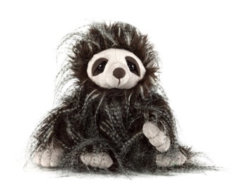 May include: A plush brown and grey sloth toy with a fluffy texture. The sloth has a white face with black eyes and a brown nose.