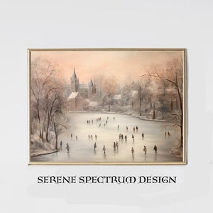 May include: A painting depicting a frozen lake with people ice skating. The lake is surrounded by trees and a church building in the background. The sky is a soft pink and orange.