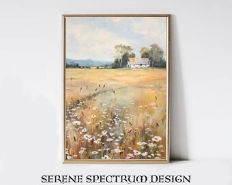 Farmhouse Landscape Print: Cottagecore Spring Flower Field Art (Digital Download)