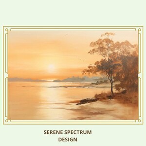 May include: A painting of a sunset over a body of water with a tree on the right side of the image. The sky is a warm orange and yellow, and the water is a calm, reflective blue. The tree is a dark brown and has a few leaves on it. The painting is framed in a gold frame.