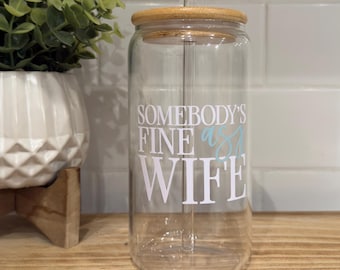 Wifey Iced Coffee Glass Cup with Bamboo Lid & Glass Straw