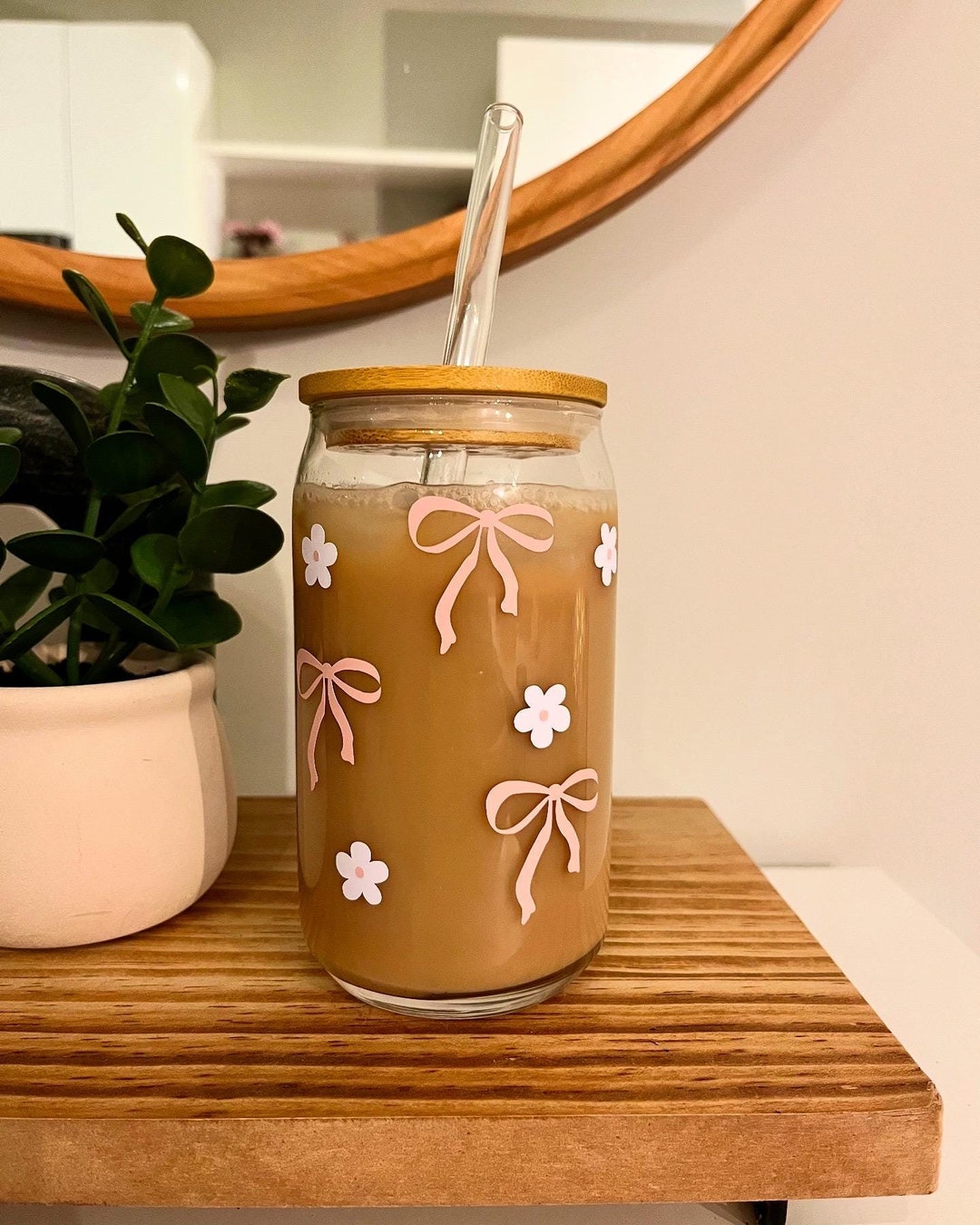 Coquette Bow Glass Cup | Libbey Can Glass With Bamboo Lid & Straw ...
