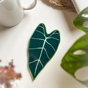 Peut inclure: Un dessous de verre en forme de feuille vert foncé avec des nervures blanches. Le dessous de verre est brillant et a une surface lisse. C'est un objet décoratif, probablement pour une table basse ou un bureau. Le dessous de verre mesure environ 10 cm de long.