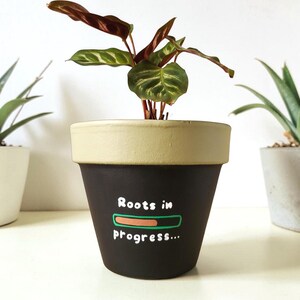 Op de afbeelding: Een kamerplant in een zwarte pot met een beige rand. De pot heeft de tekst "Roots in progress..." in het wit. De plant heeft groene en bordeauxrode bladeren. De achtergrond is wit.