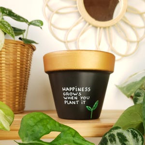 Puede incluir: Una maceta pintada de negro y dorado con el texto "Happiness Grows When You Plant It" en blanco. Un pequeño brote verde está pintado junto al texto. La maceta está sobre una estantería de madera con plantas en el fondo.