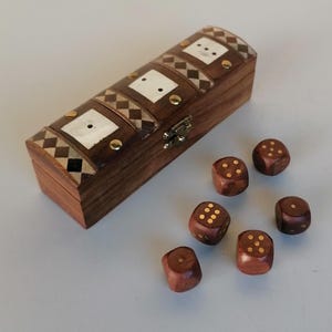 rectangle handmade wooden decorative dice and dice box with brass parts on it unique vintage gambling set dice game accessories