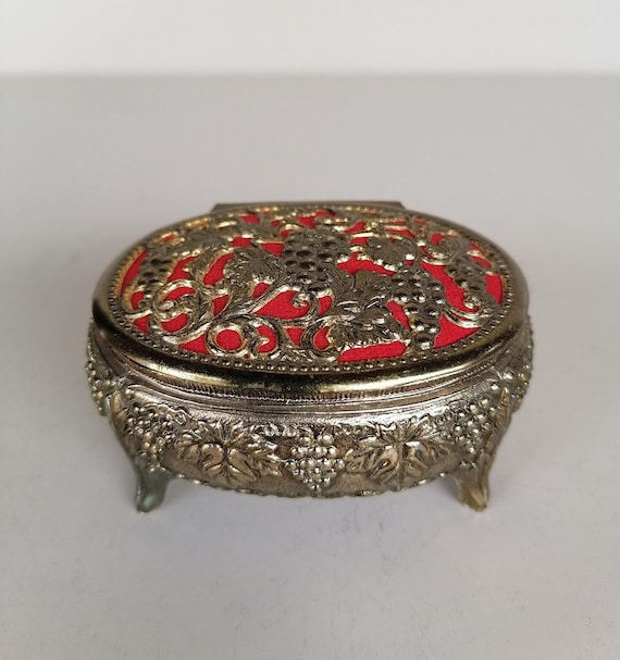 Vintage Japan Silver Plated Grape Pattern Jewelry Box Jewelry